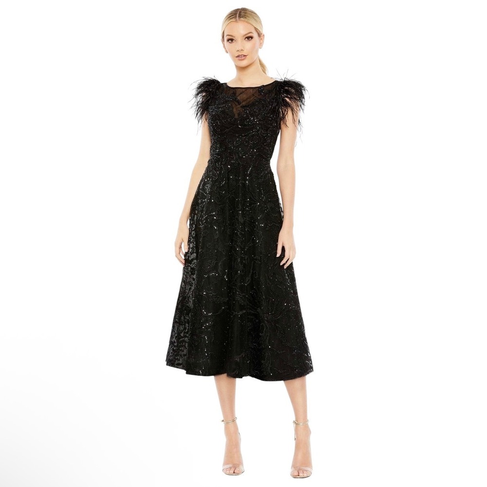 New! Mac Duggal 20400 Feather Shoulder Sequin Embellished Midi Dress Black Sz  8